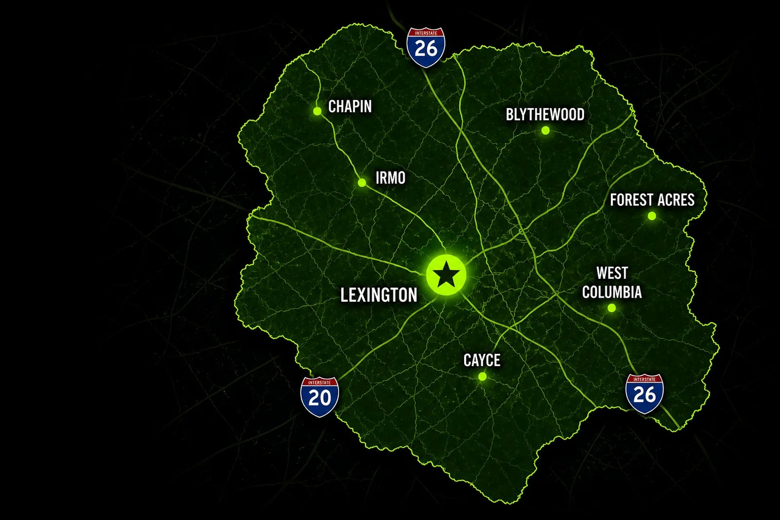 Service area map showing Priority Towing coverage across Lexington, Richland County, and surrounding cities including Chapin, Irmo, Blythewood, Forest Acres, West Columbia, and Cayce